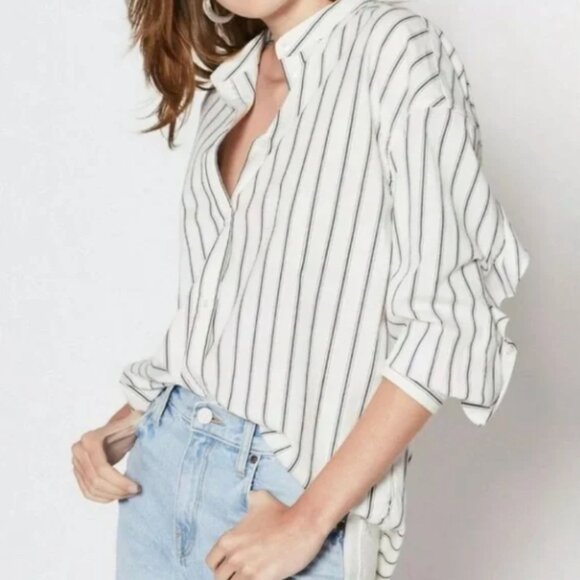 JOIE White with Black pin stripes long sleeve button up blouse - Medium - Picture 1 of 6